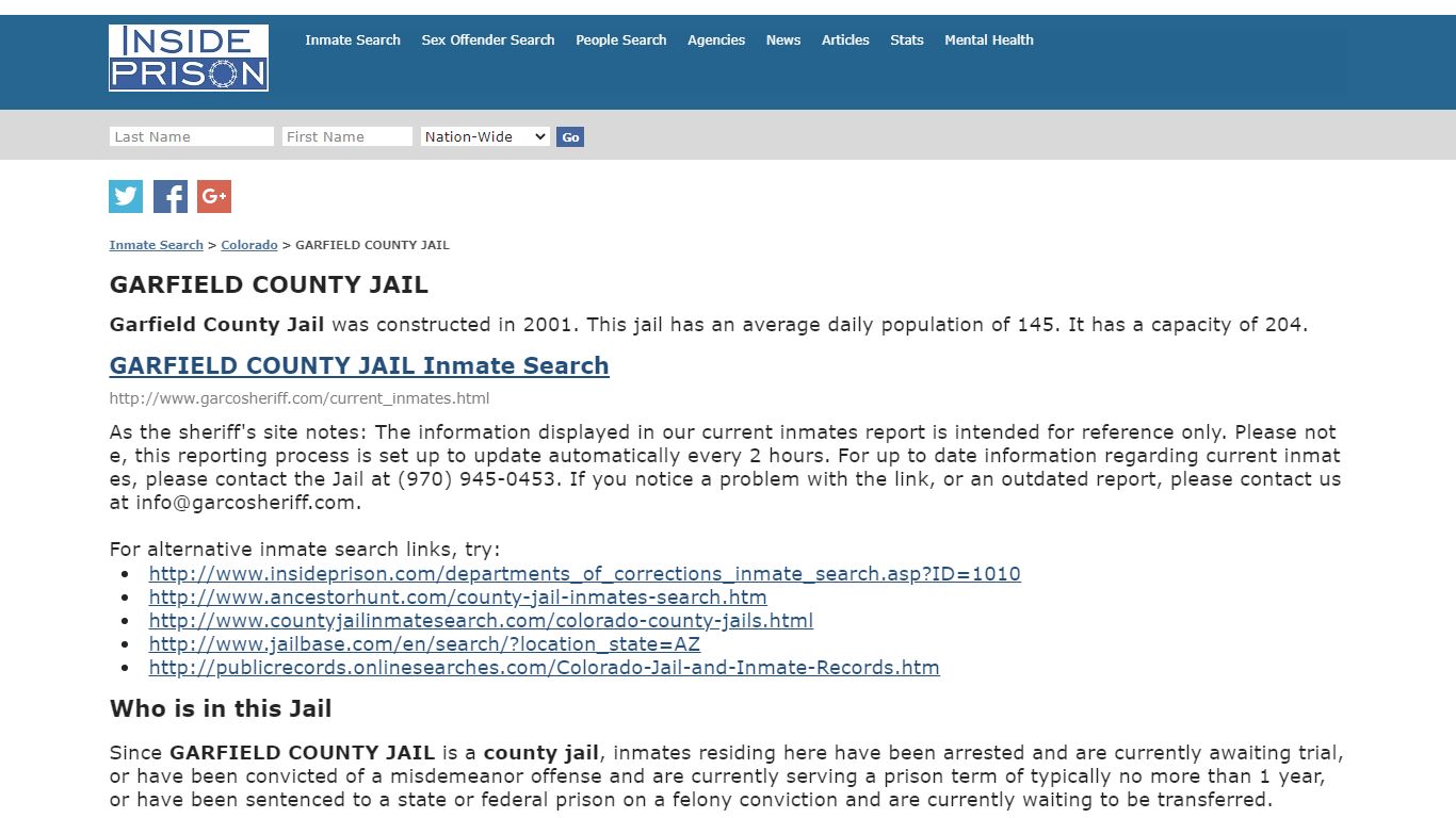 GARFIELD COUNTY JAIL - Colorado - Inmate Search - Inside Prison